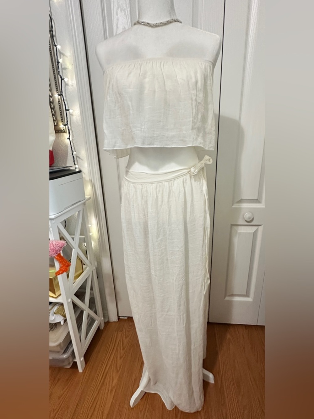 SHEIN Casual Ruffle Edged Top and Tie-Waist Linen Maxi Skirt Cover Up Set (S)